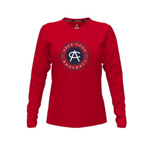 [CUS-DFW-TEES-PER-VNK-LSL-RED-FYXS-LOGO1] Performance T-Shirt (Female Youth XS, Red, V Neck, Logo 1, Long Sleeve)